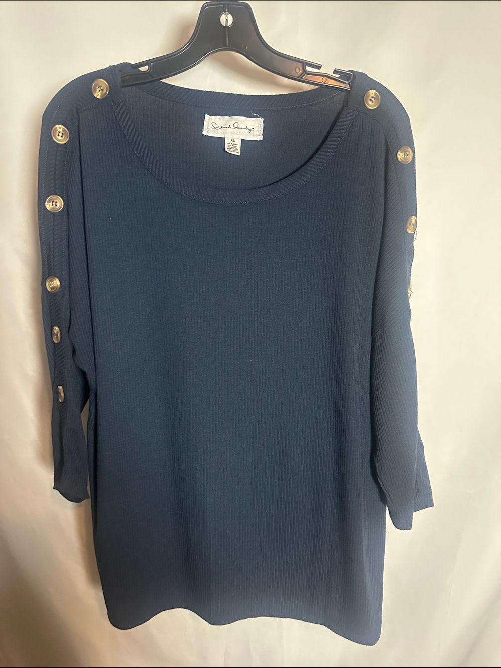 French Laundry Navy Ribbed Button-Trim Sweatshirt